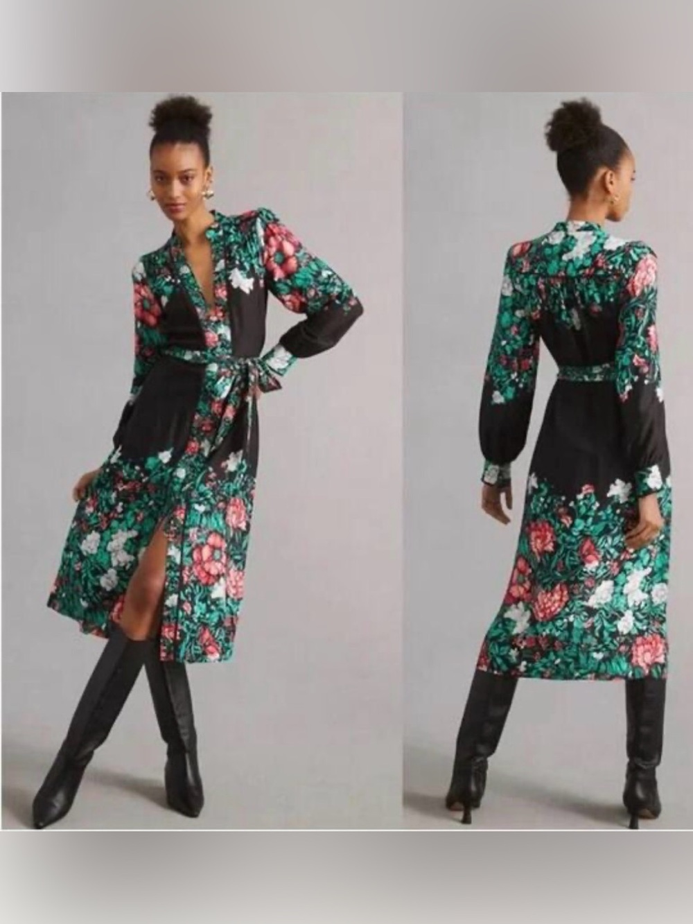 by Anthropologie Floral Midi Shirt Dress Button Front XL Black Boho No Belt